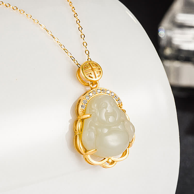 Buddha Stones 925 Sterling Silver Laughing Buddha Hetian White Jade Protection Necklace Pendant - image 1