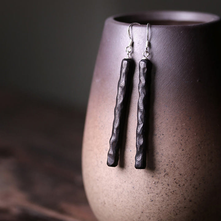Buddha Stones 925 Sterling Silver Ebony Wood Texture Balance Peace Drop Dangle Earrings - image 11