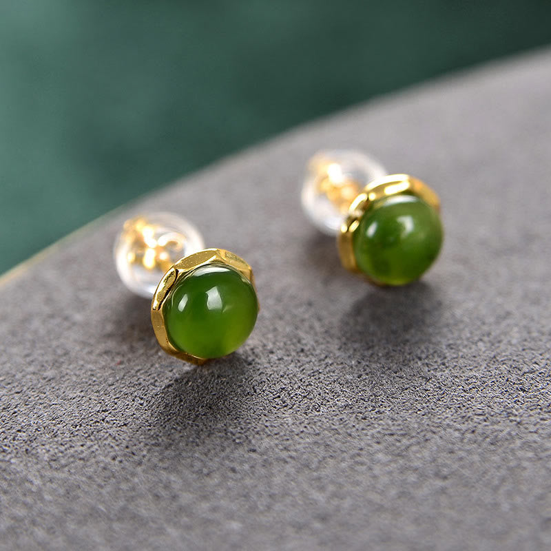 Buddha Stones 925 Sterling Silver Plated Gold Natural Hetian Cyan Jade Bead Luck Stud Earrings - image 1
