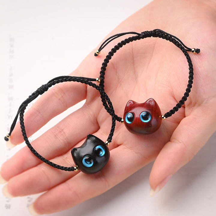 Buddha Stones Small Leaf Red Sandalwood Ebony Wood Cute Cat Head Calm Protection Braided Bracelet - image 1
