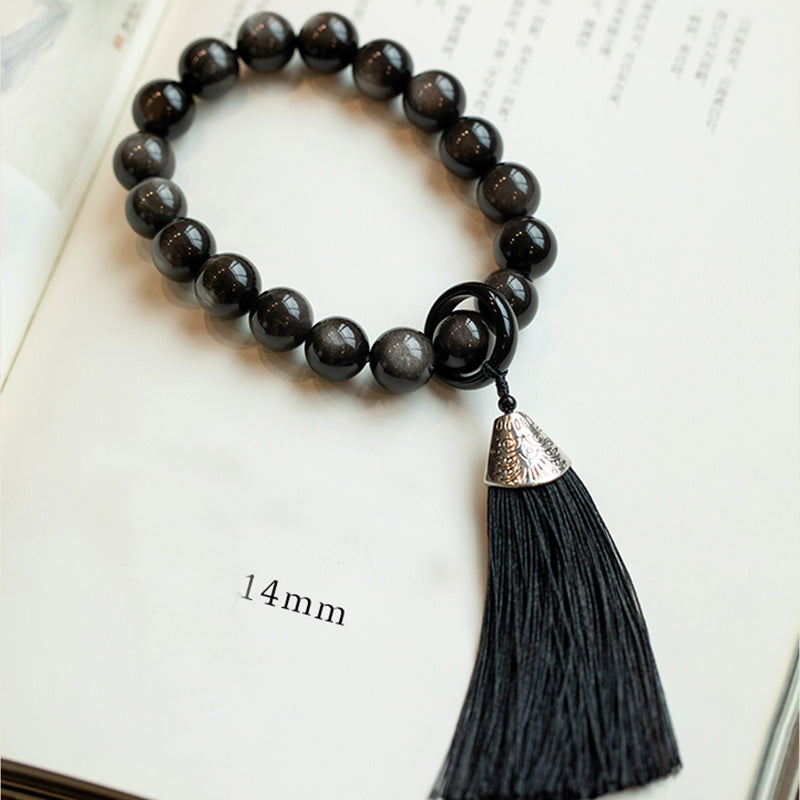 Buddha Stones Natural Silver Sheen Obsidian Black Obsidian Lion Wrist Mala Protection Tassels Pocket Mala Car Decoration - image 4