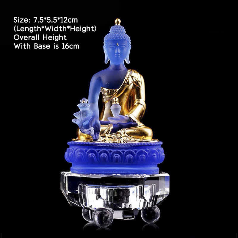 Buddha Stones Medicine Buddha Handmade Liuli Crystal Art Piece Compassion Statue Home Office Offering Decoration - 7.5*5.5*12cm - Gold Medicine Buddha&Luminous Base - image 10