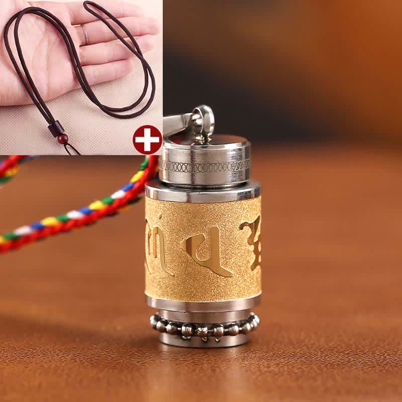 Buddha Stones Tibet Om Mani Padme Hum Shurangama Mantra Titanium Steel Wisdom Amulet Necklace Pendant - 1.4*2.4cm - Gold - Brown String - image 20