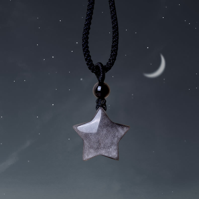Buddha Stones Natural Silver Sheen Obsidian Star Crescent Moon Protection Necklace Pendant - Star - image 0