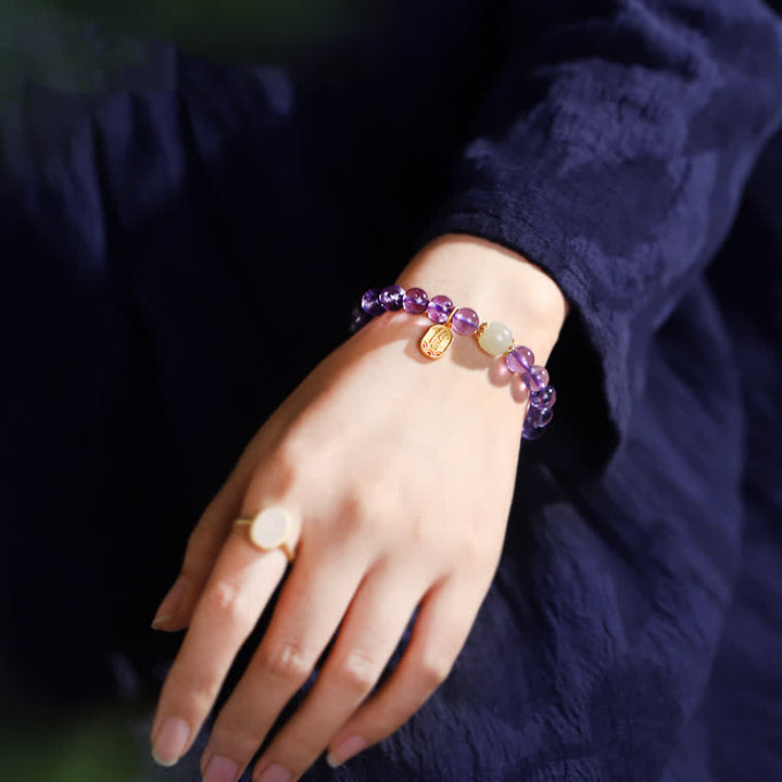Buddha Stones Natural Amethyst Crystal Hetian Jade Healing Charm Bracelet - image 3