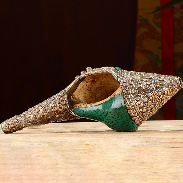 Buddha Stones Tibetan Handmade Engraved Shankha Double Dorje Buddha Conch Shell Wealth Positive Decoration - image 5