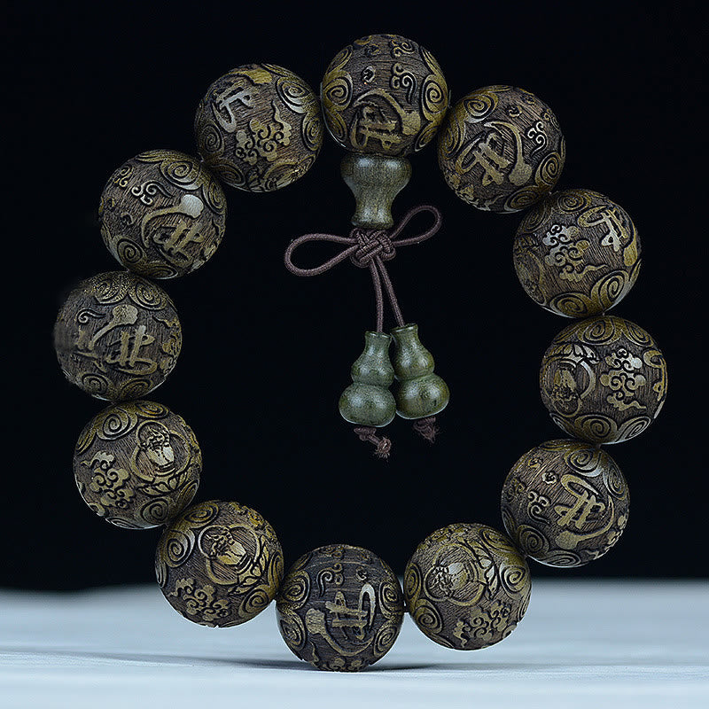 Buddha Stones Chinese Zodiac Rosewood Ebony Copper Coin PiXiu Carved Warmth Bracelet - Ebony Buddha Letter - image 11
