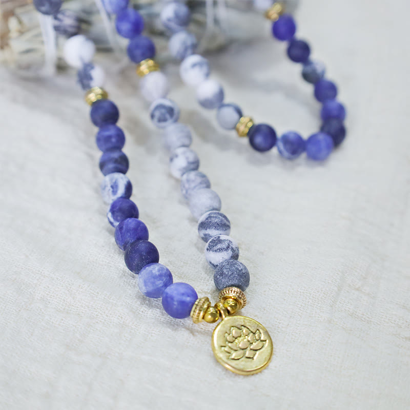 Buddha Stones 108 Natural Picasso Jasper & Blue Stone Mala Bead Lotus Pendant Bracelet - image 1