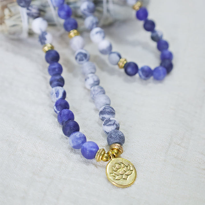 Buddha Stones 108 Natural Picasso Jasper & Blue Stone Mala Bead Lotus Pendant Bracelet - image 1