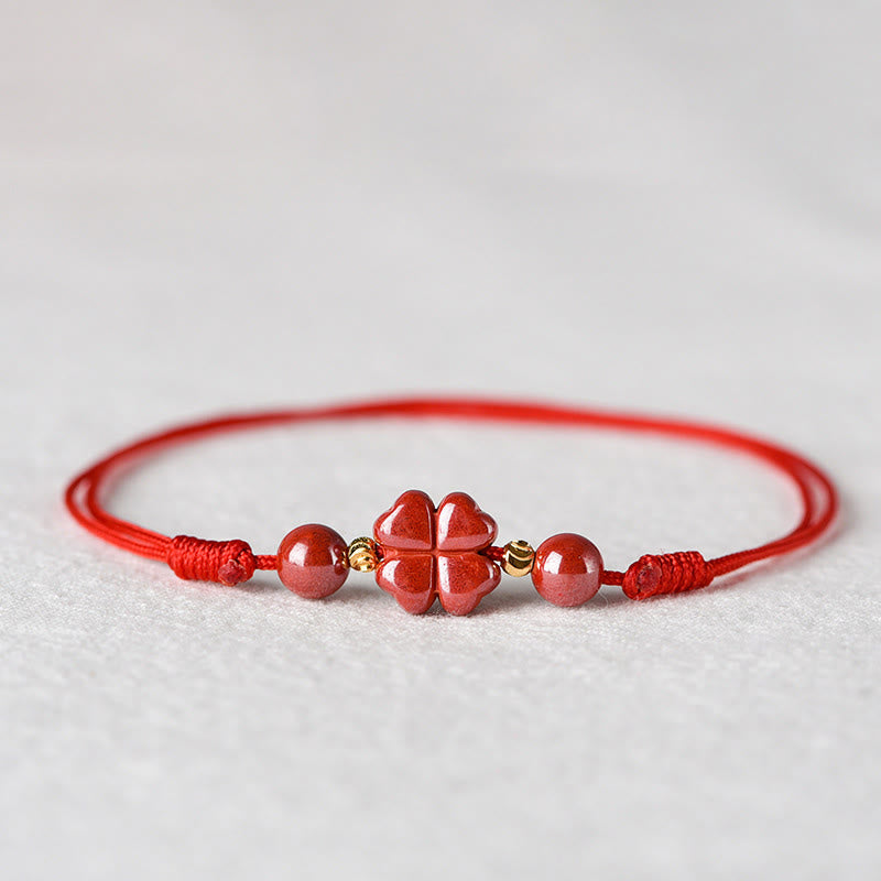 Buddha Stones Four Leaf Clover Cinnabar Blessing Calm String Bracelet Anklet - Red - Anklet Circumference 18-32cm - image 0