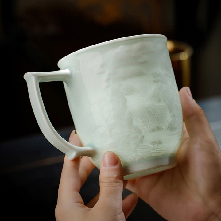 Buddha Stones Jingdezhen White Porcelain Handmade Great Wall Landscape Engraved Ceramic Teacup Office Mug Tea Cups - image 10