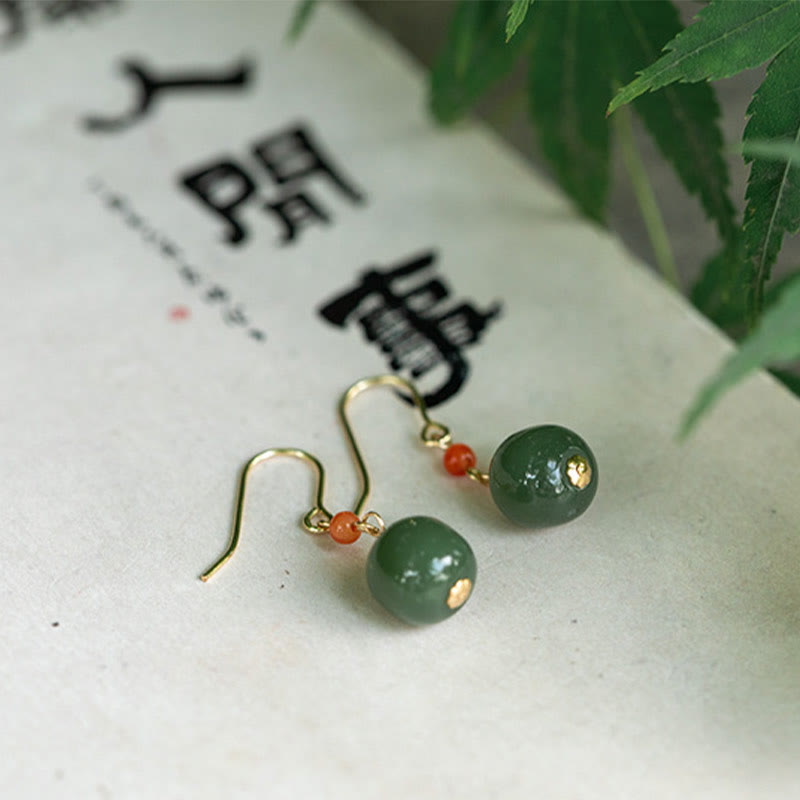Buddha Stones 925 Sterling Silver Plated 14k Gold Hetian Jade Red Agate Luck Drop Dangle Earrings - 14K Plated Gold - Green Jade - image 14