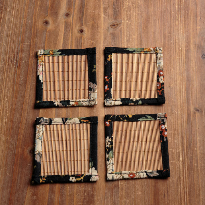 Buddha Stones Vintage Peony Flower Blossom Bamboo Cup Mat Pad Tea Cup Coaster Kung Fu Tea Mat - Beige Coasters(4Pcs) - 8*8cm - image 14