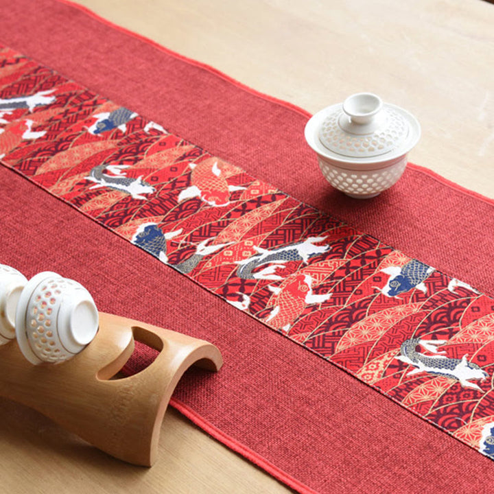 Buddha Stones Classic Chinese Style Lotus Koi Fish Flower Crane Calligraphy Enlightenment Cotton Linen Tassels Table Runner - image 17