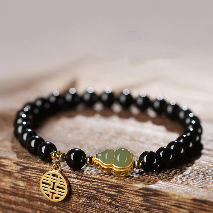 Buddha Stones Natural Black Obsidian Hetian Jade Gourd Double Happiness Strength Bracelet - 10mm - image 0