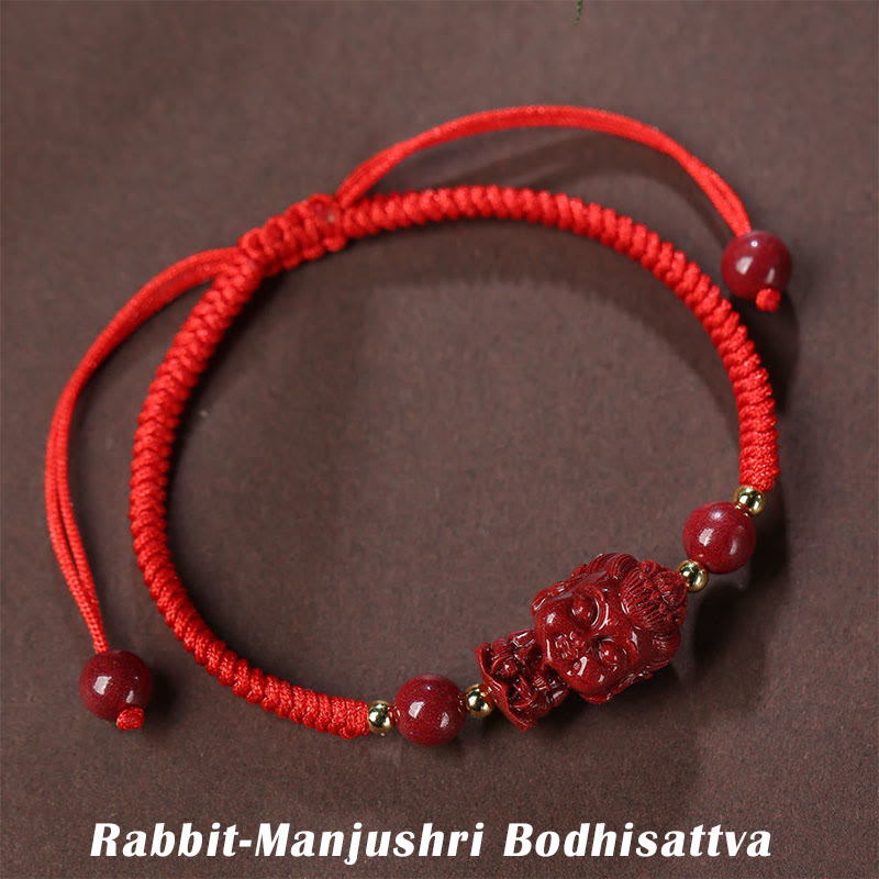 Buddha Stones Chinese Zodiac Natal Buddha Cinnabar Amulet Blessing String Bracelet - Rabbit-Manjushri Bodhisattva(Wrist Circumference 16-19cm) - image 6