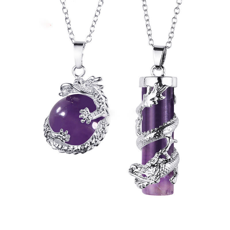 Buddha Stones 2pc Dragon Wrapped Round Ball Gemstone Couple Necklace Pendant - Amethyst - image 2
