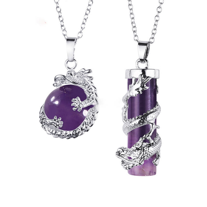 Buddha Stones 2pc Dragon Wrapped Round Ball Gemstone Couple Necklace Pendant - Amethyst - image 2