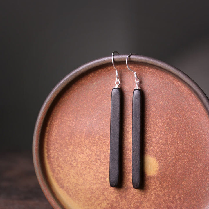 Buddha Stones 925 Sterling Silver Ebony Wood Texture Balance Peace Drop Dangle Earrings - Glossy Ebony Wood - image 0