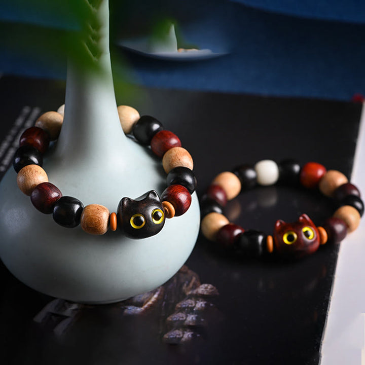 Buddha Stones Small Leaf Red Sandalwood Ebony Wood Cute Cat Engraved Protection Bracelet - image 25