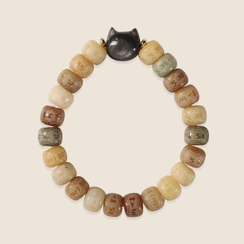 Buddha Stones Bodhi Seed Silver Sheen Obsidian Cat Head Om Mani Padme Hum Engraved Harmony Bracelet - image 5