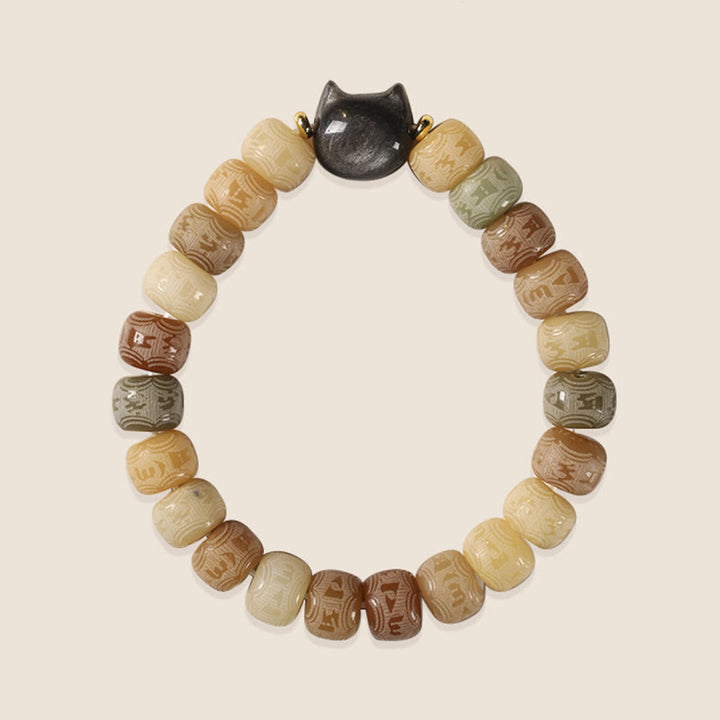 Buddha Stones Bodhi Seed Silver Sheen Obsidian Cat Head Om Mani Padme Hum Engraved Harmony Bracelet - image 5