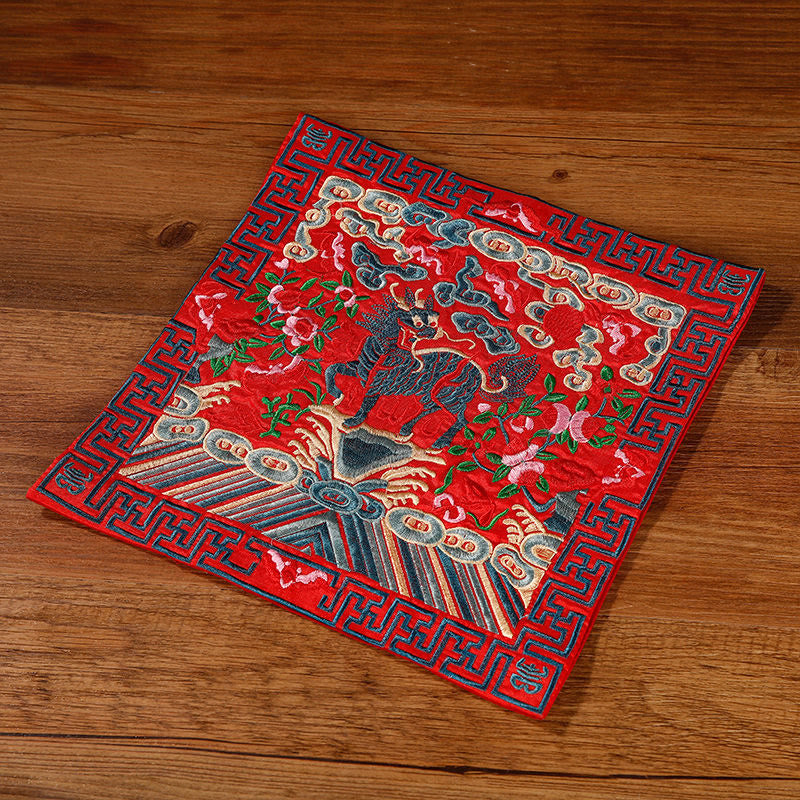 Buddha Stones Crane Phoenix Dragon Kirin Embroidered Cup Mat Pad Tea Cup Coaster Square Kung Fu Tea Mat - Red Kirin - image 13