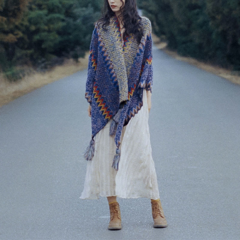 Buddha Stones Tibetan Shawl Soft Warm Knitting Cloak Winter Tibetan Tassel Scarf - image 9