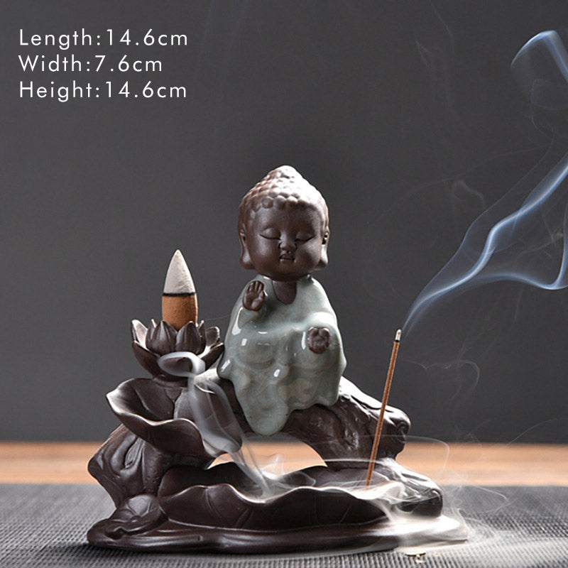Buddha Stones Little Monk Ceramic Lotus Blessing Incense Burner Decoration - Little Tathagata - image 8
