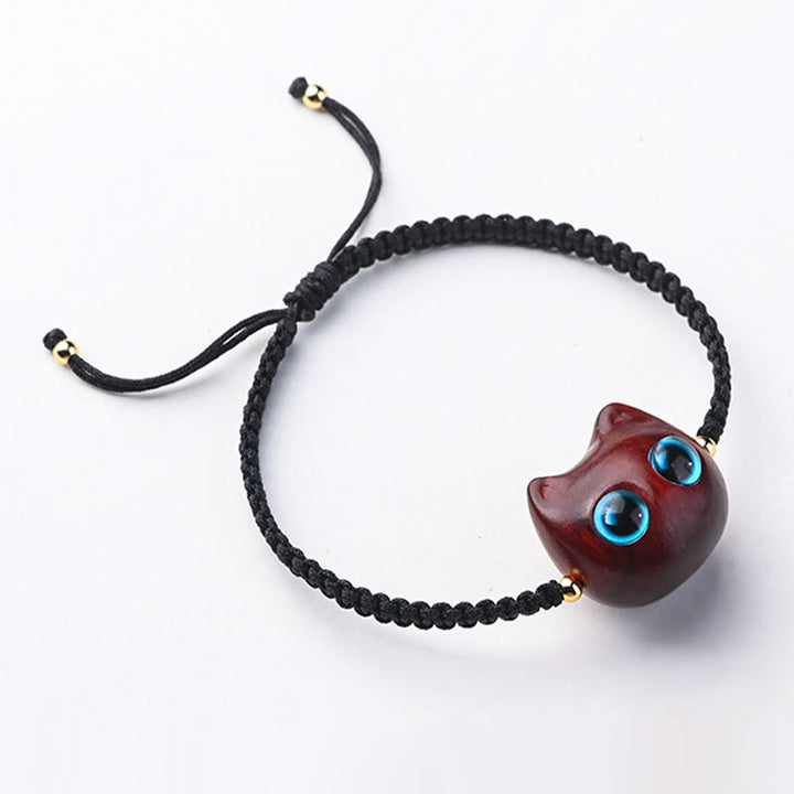 Buddha Stones Small Leaf Red Sandalwood Ebony Wood Cute Cat Head Calm Protection Braided Bracelet - image 3