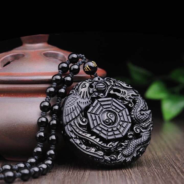Buddha Stones Bagua Dragon Phoenix Obsidian Fulfilment Pendant Necklace - image 4