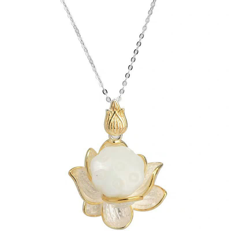 Buddha Stones White Jade Lotus Flower Happiness Necklace - image 8