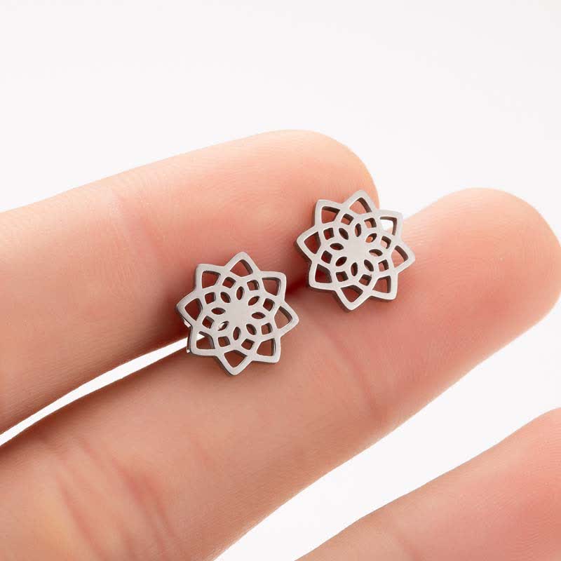 Tibetan Lotus Pattern New Beginning Stud Earrings - Silver - image 0