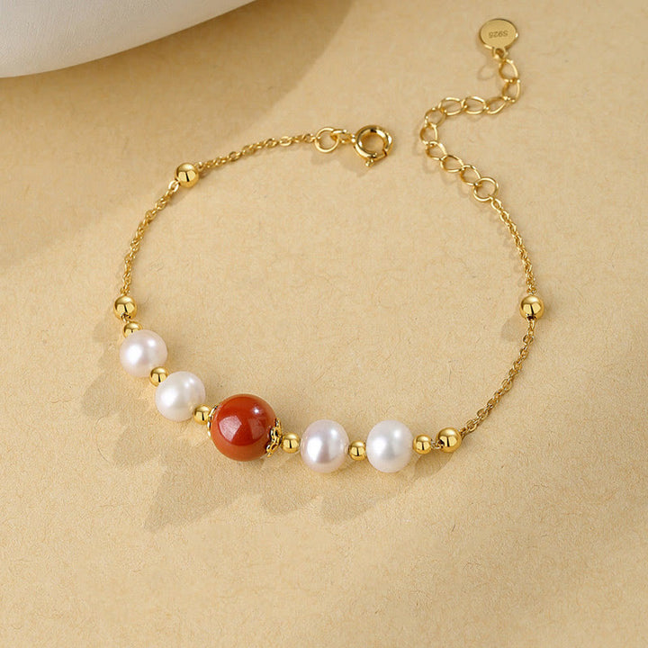 Buddha Stones 925 Sterling Silver Pearl Cinnabar Healing Bead Chain Bracelet - image 1
