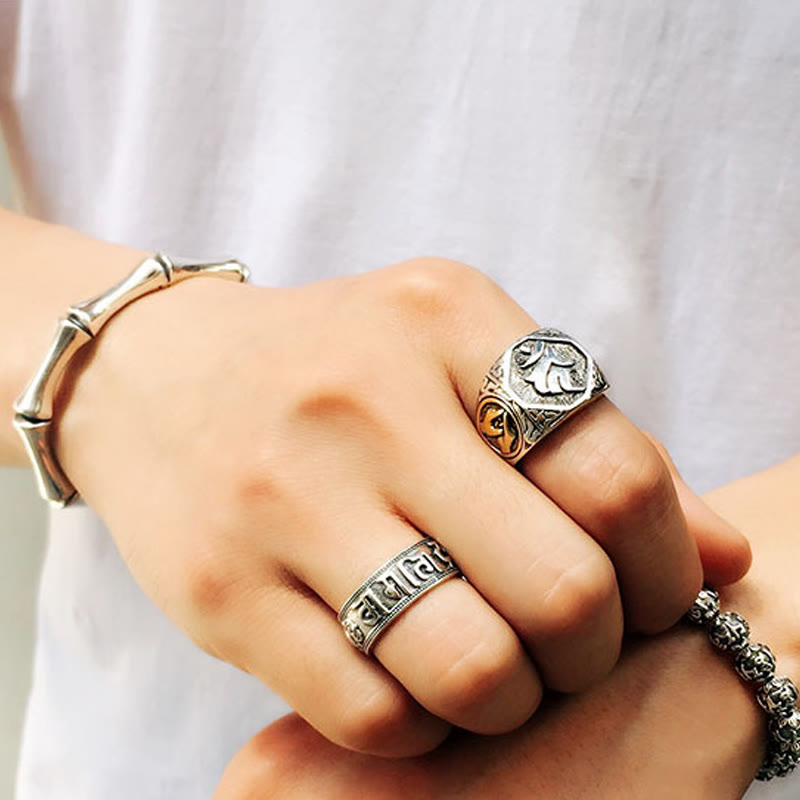 Buddha Stones 925 Sterling Silver Sanskrit Design Carved Protection Adjustable Ring - image 26