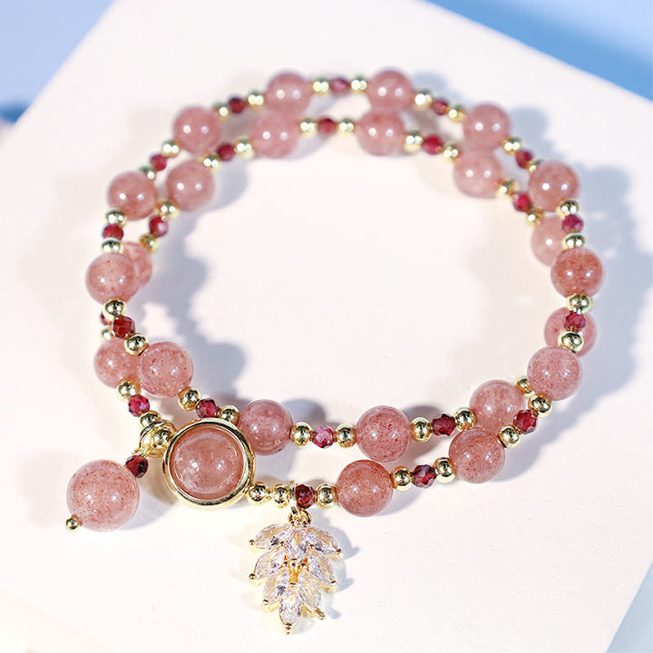 Buddha Stones Natural Strawberry Quartz Love Healing Maple Leaf Charm Double Wrap Bracelet - image 4