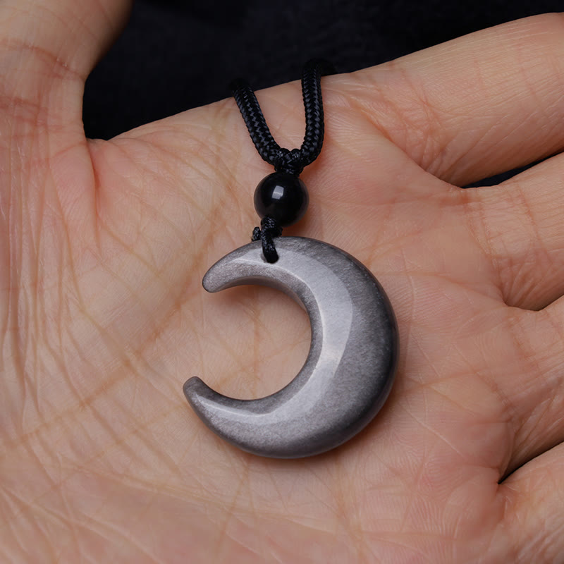Buddha Stones Natural Silver Sheen Obsidian Selenite Crystal Crescent Moon Yin Yang Couple Protection Necklace Pendant - image 6