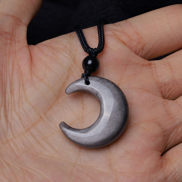 Buddha Stones Natural Silver Sheen Obsidian Selenite Crystal Crescent Moon Yin Yang Couple Protection Necklace Pendant - image 6