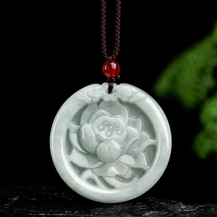 Buddha Stones Natural Jade Lotus Flower Carved Prosperity Necklace Pendant - image 8