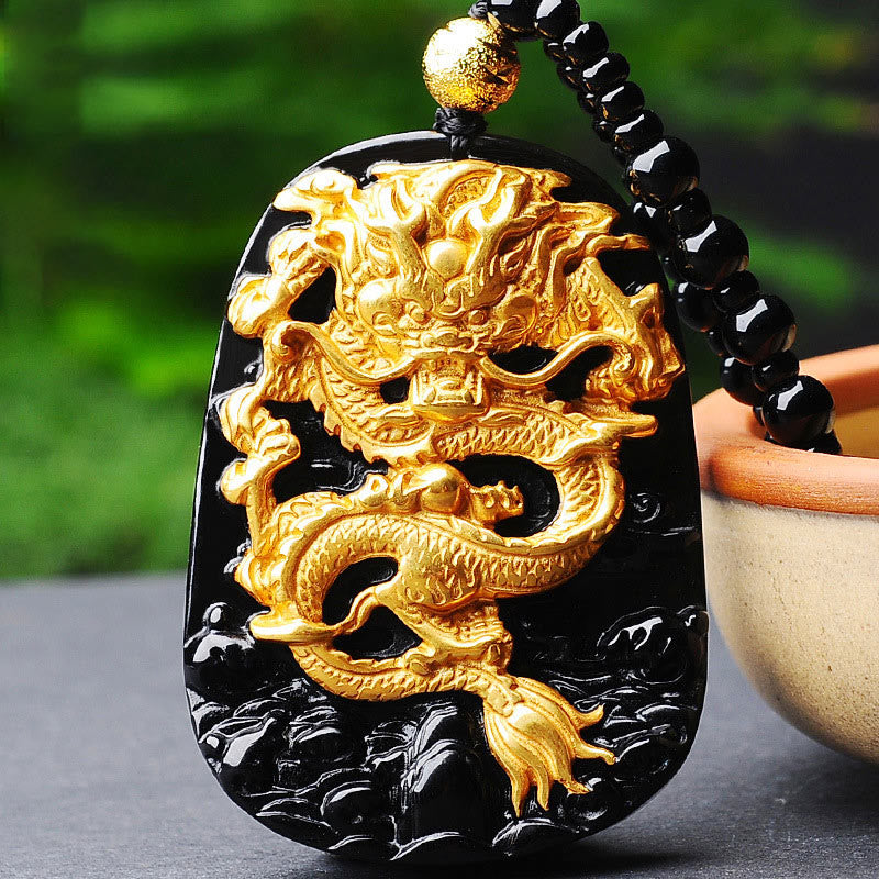 Buddha Stones 18k Gold-plated Dragon Obsidian Lucky Pendant Necklace - image 0