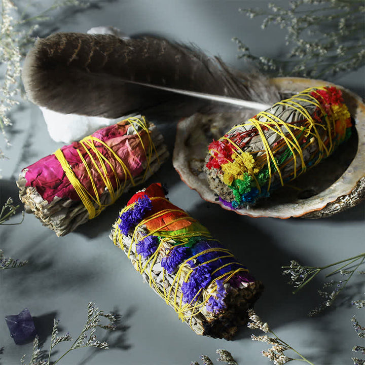Buddha Stones Colorful Daisy Red Rose Flowers Smudge Stick for Home Cleansing Incense Healing Meditation Smudge Sticks Rituals Set - Colorful Daisy + Red Rose + Colorful Flowers + Pearl Abalone Shell + Turkey Feather - image 0