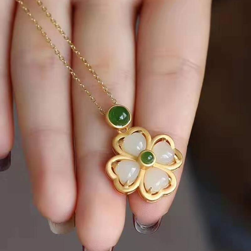 Buddha Stones 925 Sterling Silver Lucky Four Leaf Clover Jade Prosperity Necklace Chain Pendant - image 3