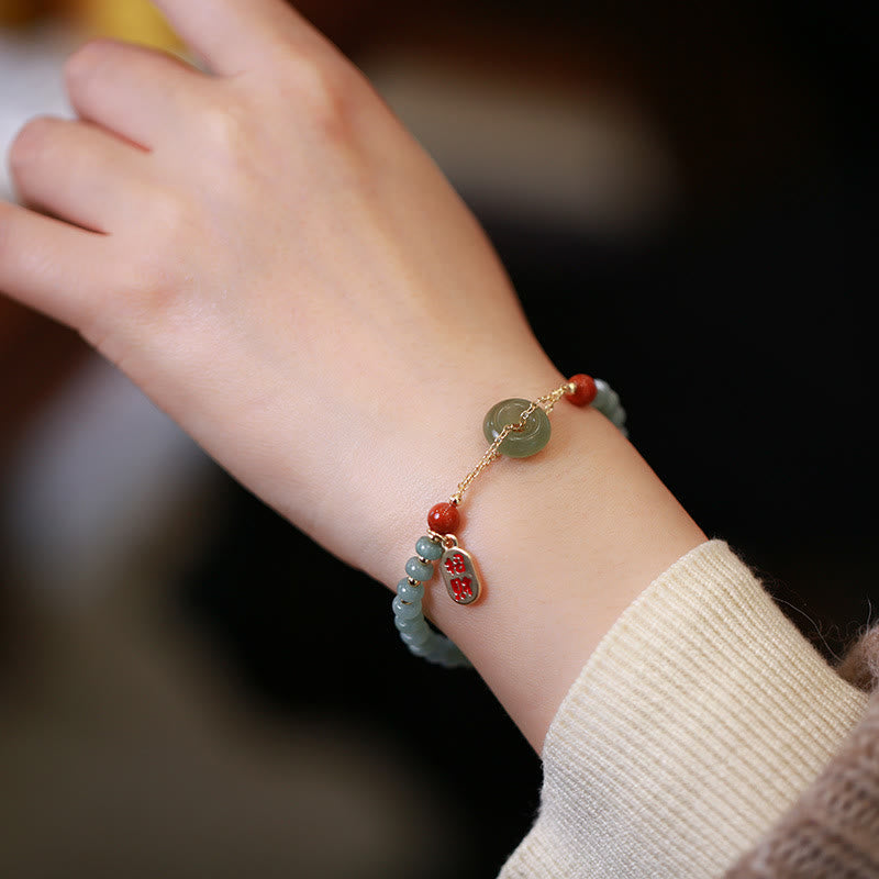 Buddha Stones Natural Hetian Jade Red Agate Peace Buckle Lucky Fortune Bracelet - image 1