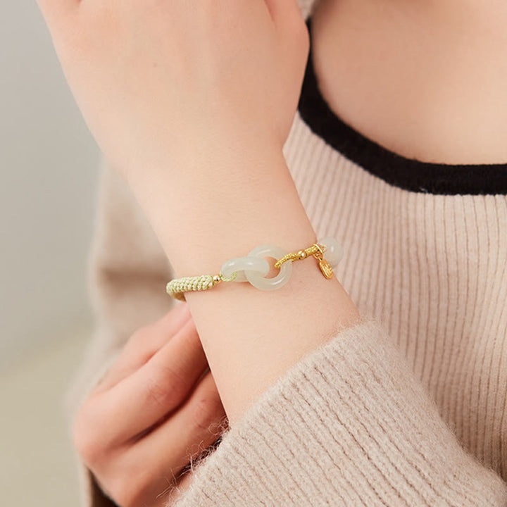 Buddha Stones Natural Hetian Jade Bead Double Peace Buckle Fu Character Abundance Braided Bracelet - image 19