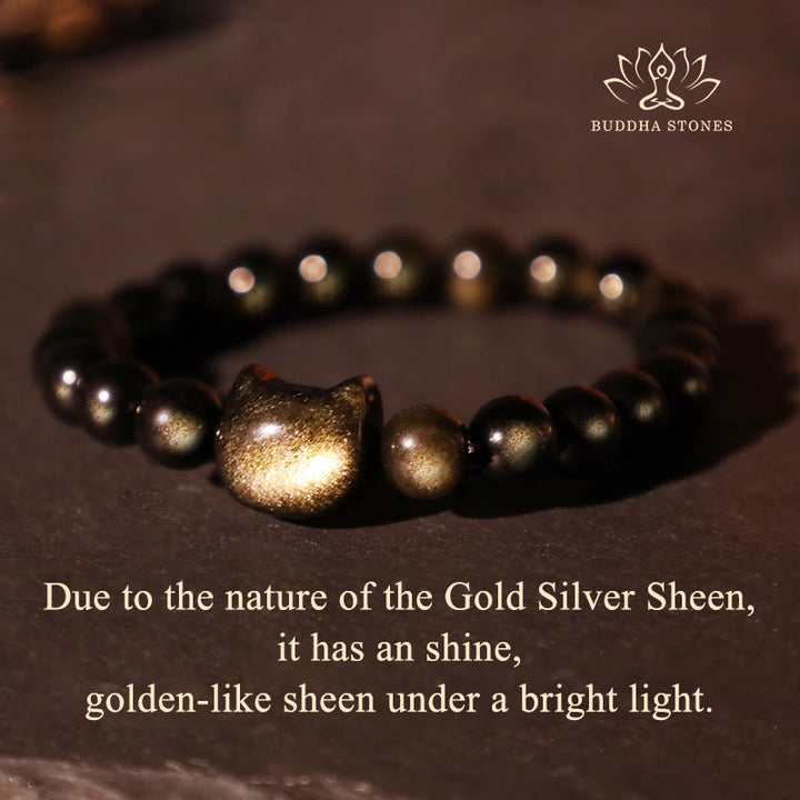 Buddha Stones Gold Sheen Obsidian Silver Sheen Obsidian Lovely Paw Lucky Cat Protection Bracelet - image 6