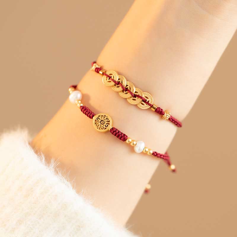 Buddha Stones Copper Coin Fortune Tree Luck Strength Braided Bracelet - 2Pcs(Copper Coin&Fortune Tree) - Red(Wrist Circumference 14-18cm) - image 16