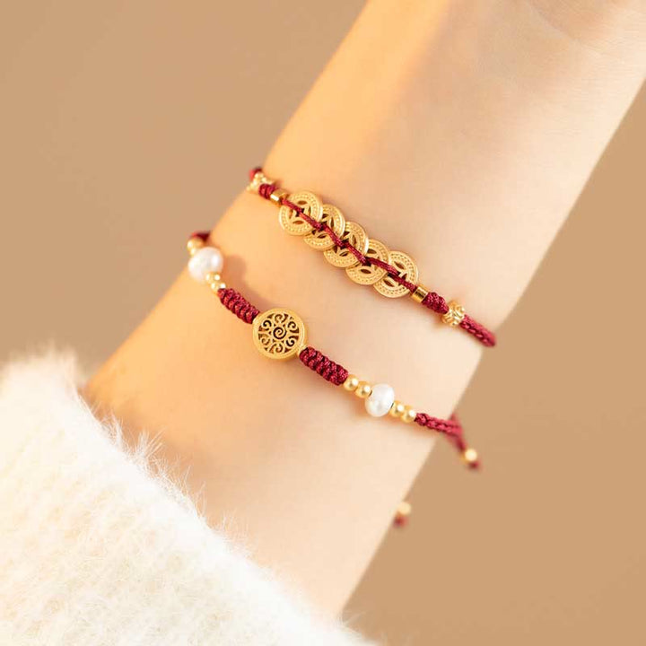 Buddha Stones Copper Coin Fortune Tree Luck Strength Braided Bracelet - 2Pcs(Copper Coin&Fortune Tree) - Red(Wrist Circumference 14-18cm) - image 16