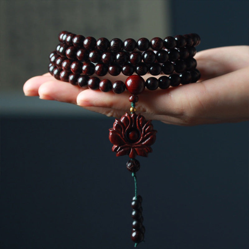 Buddha Stones Tibetan Small Leaf Red Sandalwood Lotus Mala Balance Bracelet - image 2