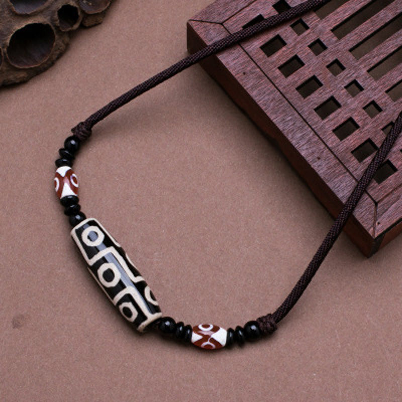 Buddha Stones Tibetan Nine-Eye Dzi Bead Protection String Necklace - Black - image 1