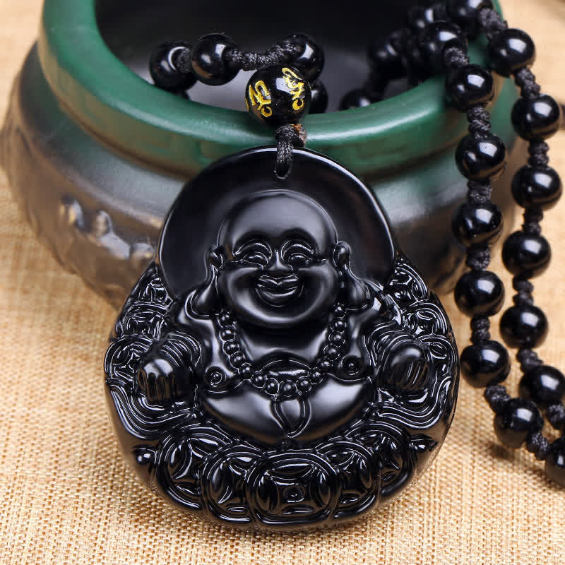 Buddha Stones Laughing Buddha Black Obsidian Strength Protection Pendant Necklace - Black Obsidian - image 0